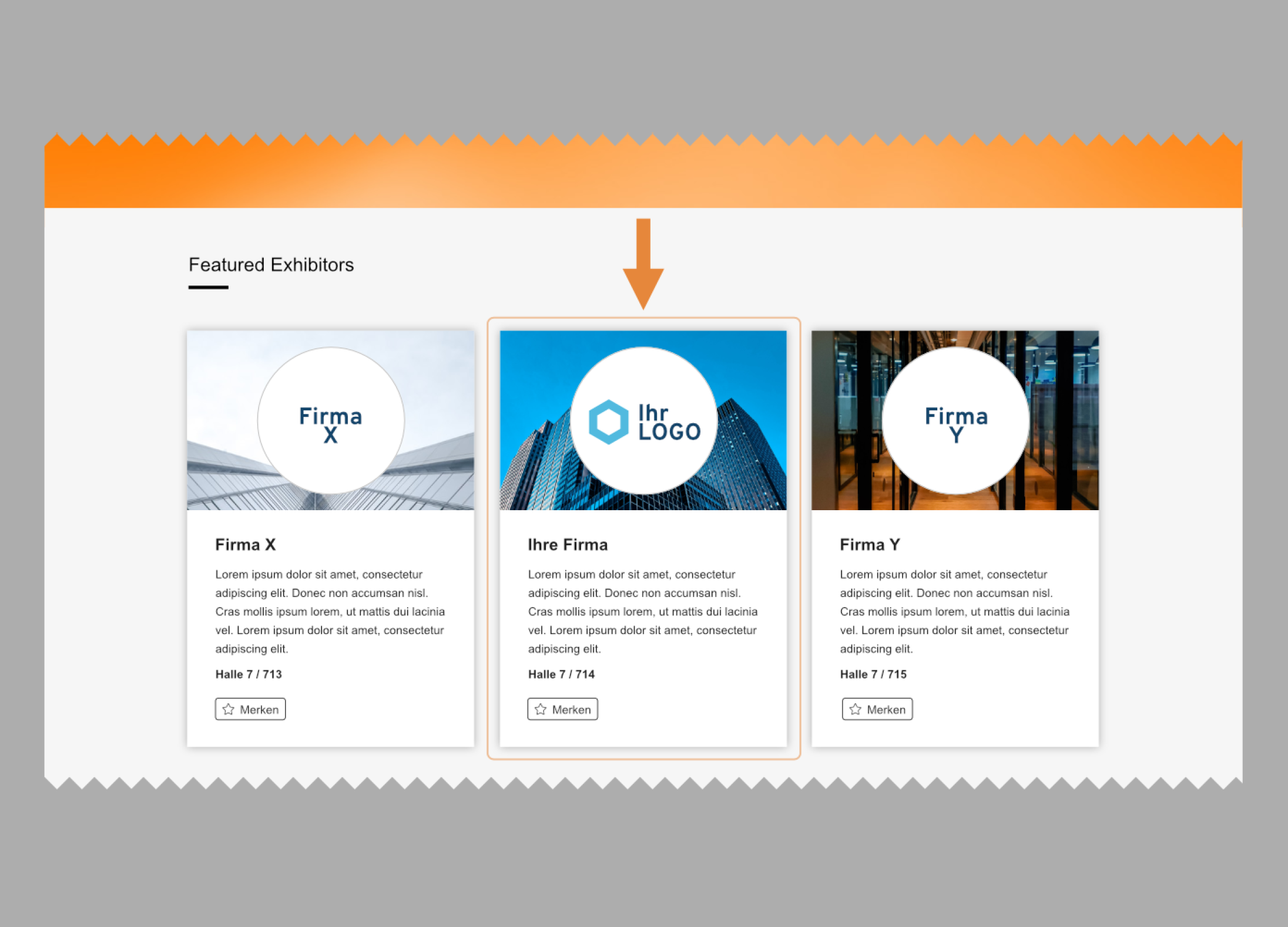 Ein digitaler Ausstellerstand mit drei Firmenkarten, die jeweils ein kreisförmiges Logo, den Firmennamen und einen Beispieltext zeigen. Die mittlere Karte ist mit einem orangefarbenen Rand und einem nach unten zeigenden Pfeil hervorgehoben.