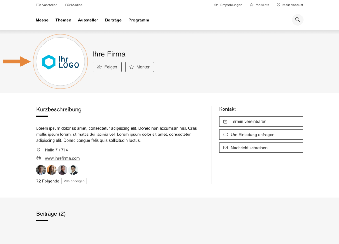Screenshot einer Firmenprofilseite mit einem sechseckigen Platzhalter-Logo, dem Firmennamen „Ihre Firma“, Schaltflächen zum Folgen oder Lesezeichen setzen, einer Kurzbeschreibung, Kontaktmöglichkeiten sowie Links zur Website und zu Followern. Ein orangefarbener Pfeil zeigt auf das Logo.