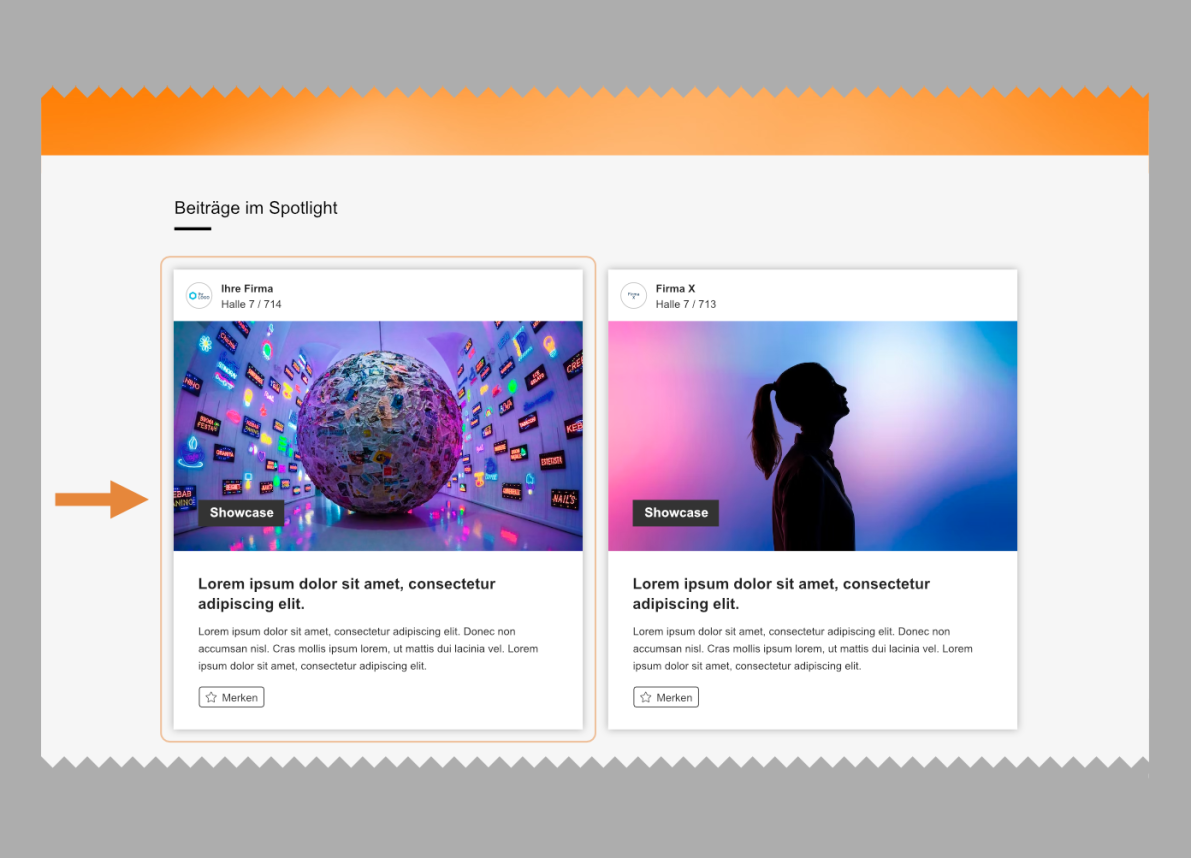 Eine Weboberfläche zeigt zwei ausgewählte Artikel. Die linke Karte zeigt einen digitalen Globus mit schwebenden Symbolen, hervorgehoben durch einen orangefarbenen Pfeil und die Beschriftung „Showcase“. Die rechte Karte zeigt die Silhouette einer Person vor farbigem Hintergrund.