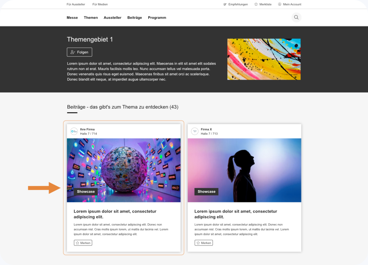 Eine Webseite enthält oben einen Themenbereich mit farbenfrohen Illustrationen und unten zwei ausgewählte Artikel, darunter einen beleuchteten Globus und die Silhouette einer Person. Ein orangefarbener Pfeil zeigt auf den ersten Artikel.