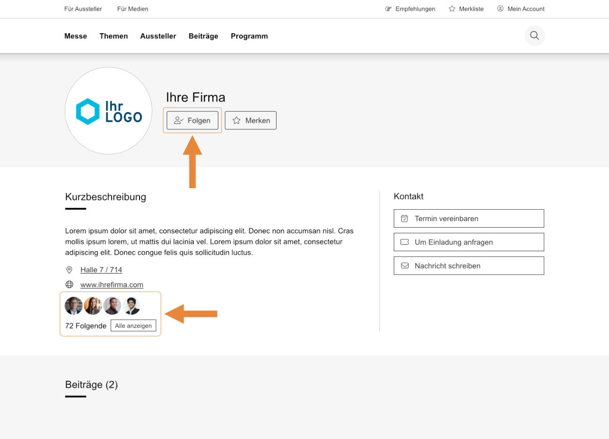 Screenshot einer Unternehmensprofilseite mit Firmenlogo, Namen, Schaltflächen zum Folgen und Speichern, einer Kurzbeschreibung, Kontaktoptionen und einem Abschnitt mit Followern und einem Pfeil, der die Schaltfläche „Alle anzeigen“ hervorhebt.